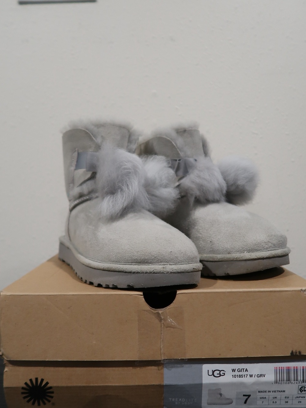 UGG Gita Short Light Gray Suede Boots with Pom Poms